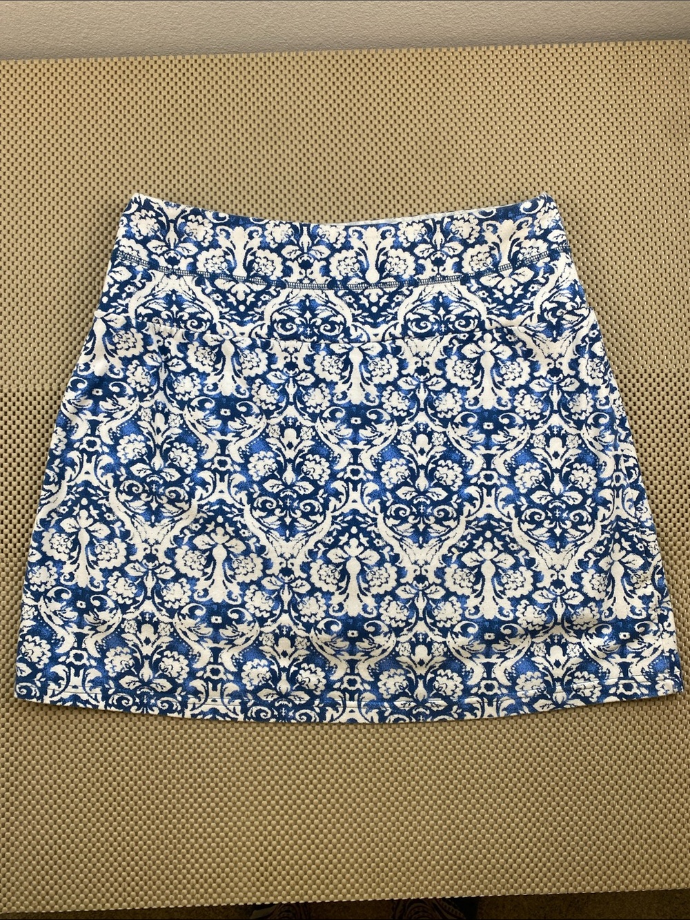 Blue and White Ornate Print Mini Skirt W/ Shorts Women's Teez-Her Large